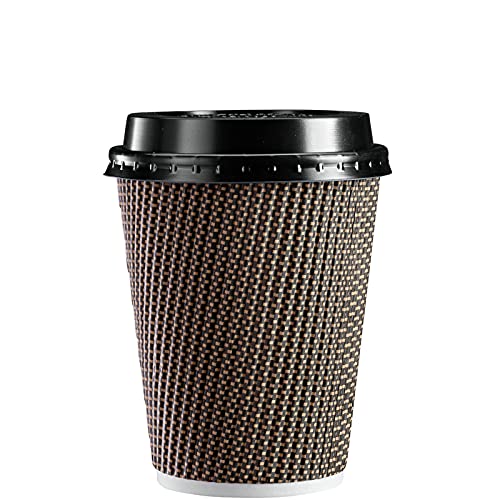 [50 Sets - 12 oz. - 360 ml] Insulated Brown Patterned Ripple Paper Hot Coffee Cups With Lids von Comfy Package