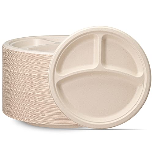 Comfy Package [10 Inch - 25 cm - 125 Count Heavy-Duty 100% Compostable Plates, 3 Compartment Eco-Friendly, Kraft Disposable Sugarcane Paper Plates - Brown Unbleached von Comfy Package