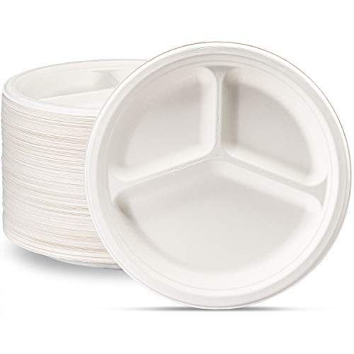 Comfy Package [10 Inch - 25 cm - 125 Pack] 100% Compostable 3 Compartment Paper Plates, White Heavy-Duty Divided Plates, Disposable Biodegradable Plates von Comfy Package