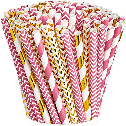 [200er Packung] Hot Pink & Gold Papier Trinkhalme 100% biologisch abbaubare Multi-Pattern Party Strohhalme von Comfy Package