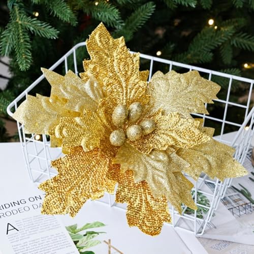 ComfyHarbor 2 Stück Weihnachten Blumen Ornamente Glitzer Pailletten Stoff Blumen 30 cm für Baumkranz Geländer Indoor Outdoor Dekor Gold Rot Handgefertigt (Gold) von ComfyHarbor