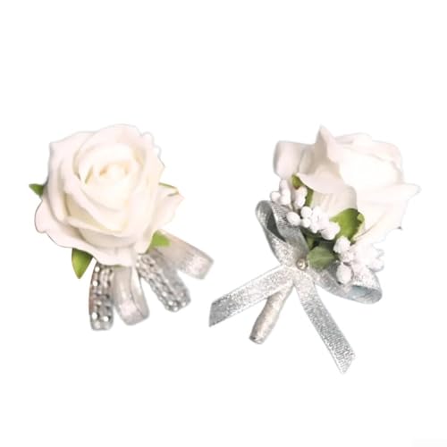 ComfyHarbor Elegante Rose Handgelenk Corsage Set Braut Party Blume Zubehör Hochzeit Tanzabschlussball Blumendekoration Burgunderrot für Champagner (weiß) von ComfyHarbor