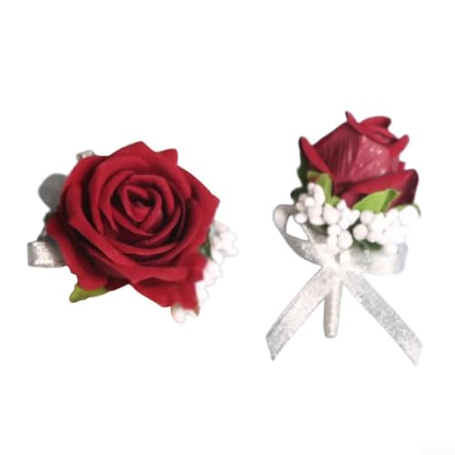 ComfyHarbor Elegante Rose Handgelenk Corsage Set Braut Party Blume Zubehör Hochzeit Tanzball Blumendekoration Burgunderrot für Champagner (Weinrot) von ComfyHarbor