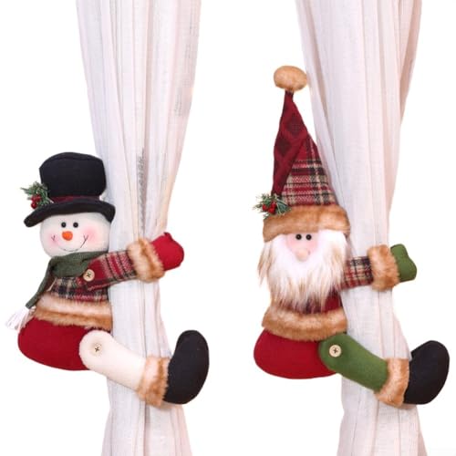 ComfyHarbor Festliche Vorhang-Raffhalter Weihnachtsmann und Schneemann Design Urlaub Fensterdekorationen Umarmende Arme Holdbacks Polyestergewebe Heimdekoration für Wohnzimmer Schlafzimmer von ComfyHarbor