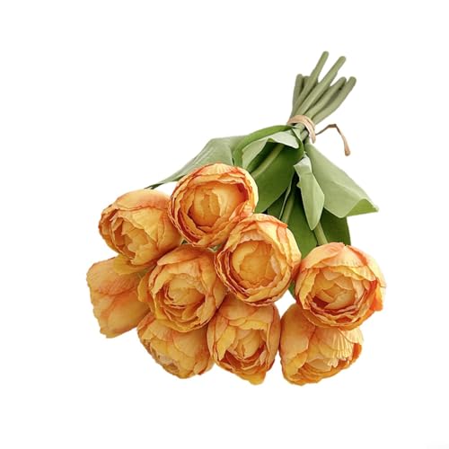 ComfyHarbor Künstlicher 9-köpfiger Tulpenstrauß mit gebrannten Kanten, Seidenblumen für Zuhause, Hochzeit, Wohnzimmer, Esszimmer und Garten, Dekoration, 39 cm (gelb und orange) von ComfyHarbor