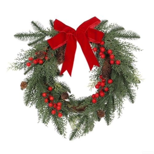 ComfyHarbor Urlaubstürkranz mit roten Beeren und Schleife, Weihnachtsdekoration für Zuhause drinnen und draußen, festliches Display, 45 x 40 cm (Kranz ohne Licht) von ComfyHarbor
