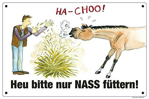 Boxenschild/Stalltafel "Heu bitte nur nass füttern" (Pferd) von Comic-Schilder.de