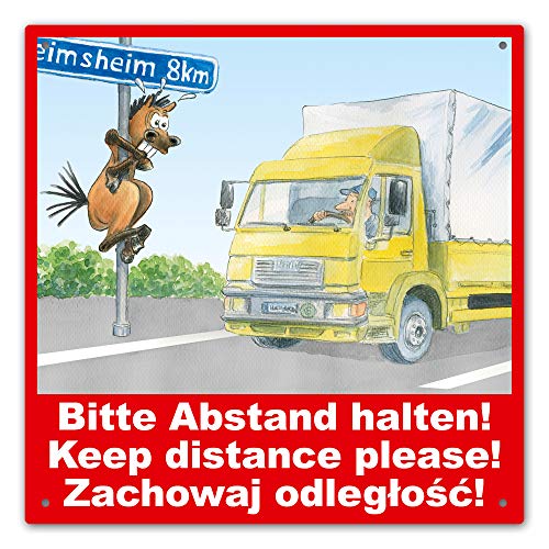 Schild "LKW - bitte Abstand halten!" (deutsch/englisch/polnisch) für Pferdeanhänger/Transporter von Comic-Schilder.de