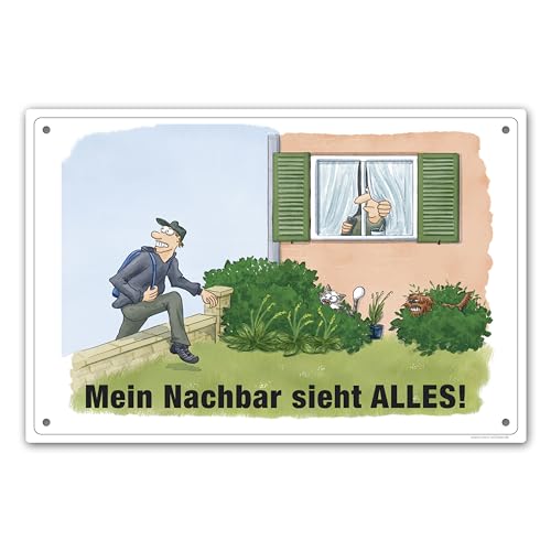 Schild "Mein Nachbar sieht ALLES!" 30 x 20 cm, wetterfest von Comic-Schilder.de