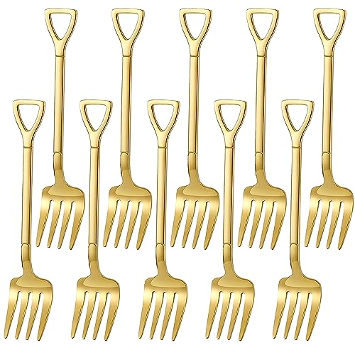 Comicfs 10 Stück 10 cm goldspadförmige Fruchtgabeln, Edelstahl Mini Salat Gabeln Set, Partyzubehör von Comicfs