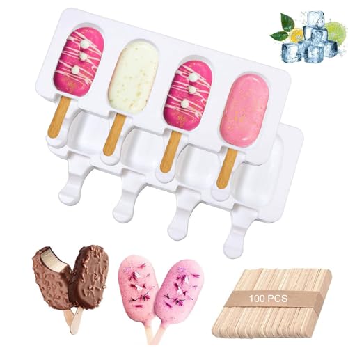 2er-Pack Eisformen Silikon, Eis Am Stiel Silikon, Eisformen, Eisformen Eis Am Stiel Silikon DIY Eiscreme, Wiederverwendbare ovale Silikon-Eiscremeformen (100 Holzstäbchen) von Comioke