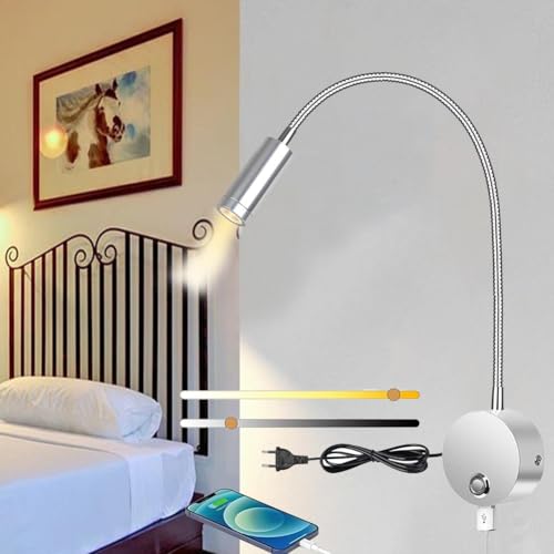 Comioke Leselampe Wandmontage, LED Wandleuchte Bettlampe mit Schalter Touch Dimmbar und USB, Dreifarbige, Bett Leselicht 360° Schwenkbar Schwanenhals Lampe mit Stecker und Kabel für Schlafzimmer Comioke Leselampe Wandmontage, LED Wandleuchte Bettlampe mit Schalter Touch Dimmbar und USB, Dreifarbige, Bett Leselicht 360° Schwenkbar Schwanenhals Lampe mit Stecker und Kabel für Schlafzimmer von Comioke