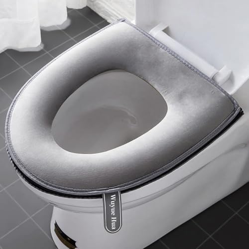 Comioke Toilettensitzbezug, Badezimmer-Toilettensitzbezüge mit Griff, Waschbar Dickere Badezimmer Toilettensitzkissen, Passend für Alle Ovalen WC-Sitze, Grau von Comioke