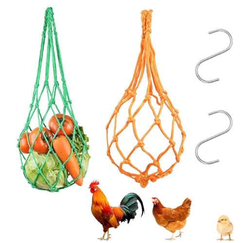 Hähnchen Futterautomat, Fütterungs Netzbeutel, 2PCS Futternetz, Hühner Spielzeug Zubehör Mit 2 Stück Haken, Nylon Heunetz Hängen, Hühner Obst Und Gemüse Fütterungs Netzbeutel von Comioke