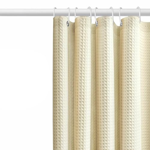Waffel Duschvorhang mit Metall Duschvorhangringe Stoff Textil Badewannenvorhang Anti Schimmel Bad Vorhang Set Wasserdicht Badewanne Vorhang Schwerer Shower Curtain Badezimmer - 180 x 180cm (Creme） von Comioke