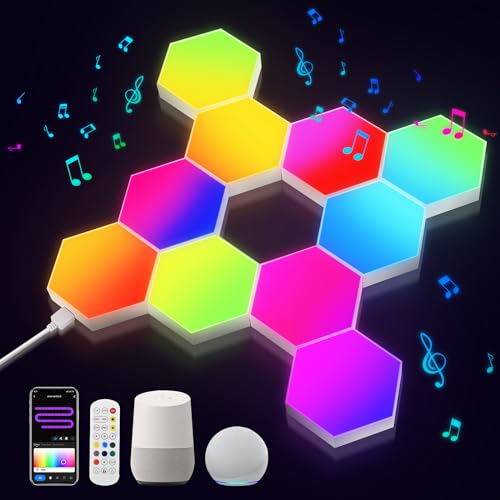 Comius Sharp 10PCS LED Sechseck Gaming Wandleuchte, Hexagon LED Panel mit Alexa Google Home, DIY Modular Geometry Assembly, Smart Sechseck Wandleuchten Gaming Wand Licht App Steuerung Musik Sync von Comius Sharp