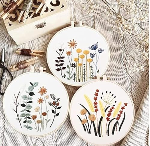 Comius Sharp Anfänger Stickerei Set, 3 Stück Handmade Embroidery Starter Kit, mit Schnittmuster und Beschreibung Blumenmuster Pflanzen Kreuzstich-Kit, für DIY Kunst, Handwerk, Nähen (02) von Comius Sharp