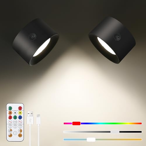 Comius Sharp LED Wandleuchte 2 Stück, RGB Wandlampe ohne stromanschluss mit 3 Helligkeitsstufen und 16 Farbe, 360° Drehbarer Wandleuchte Akku für Wohnzimmer Schlafzimmer Flur Kabellose Wandleuchten von Comius Sharp