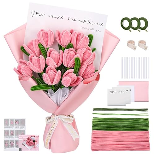 Comius Sharp Pfeifenreiniger Blumen Set, Bouquet Pfeifenreiniger Set, Pipe Cleaner, Klebeband, Blumenpapier, Geschenkband(Rosa Tulip) von Comius Sharp
