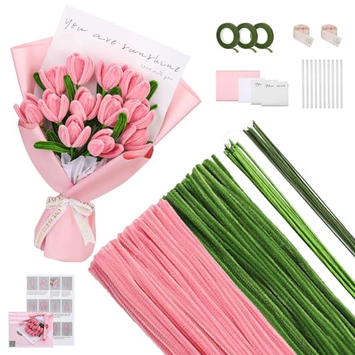Pfeifenreiniger Blumen Set, Rosa Tulip Bouquet Pfeifenreiniger Set, für DIY-Kunsthandwerk, Mit Grüne Blumenstöcke, Klebebandrollen, Klebestifte, Anleitungen, Blumenstraußverpackungen (Rosa Tulip) von Comius Sharp