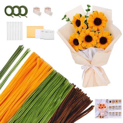 Pfeifenreiniger Blumen Set, Sonnenblume Bouquet Pfeifenreiniger Set, für DIY-Kunsthandwerk, Mit Grüne Blumenstöcke, Klebebandrollen, Klebestifte, Anleitungen, Blumenstraußverpackungen (Sonnenblume) von Comius Sharp