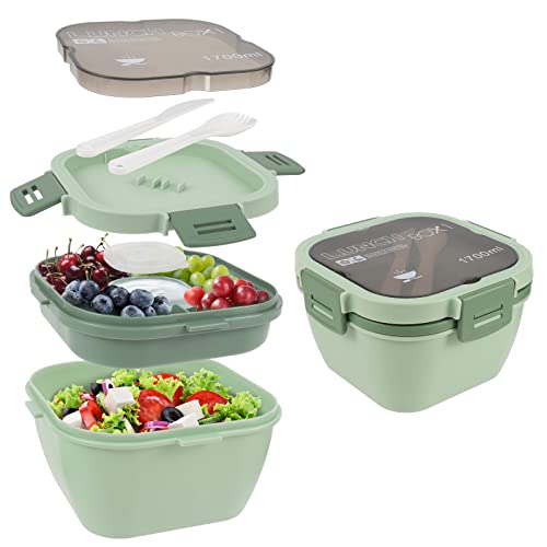 Comius Sharp Salatschüssel mit Dressingbehälter, 1700 ML Bento Box mit 3 Fächer Salatbox-to-go für Salat und Snacks, Vesperdose Mikrowelle Heizung für Schule/Arbeit/Picknick Reisen von Comius Sharp