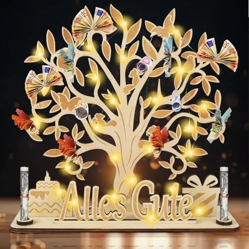 LED Geldgeschenke Verpackung,Geldgeschenk Hochzeit,Personalisierte Geldgeschenke Geburtstag aus Holz,Lebensbaum Wunscherfüller Geldgeschenk, Geldbaum Geldgeschenke Geburtstag für Männer Frauen(1) von Comius Sharp