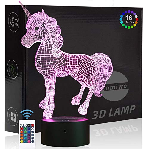 Comiwe Einhorn (D) 3D Illusion Nachtlicht Spielzeug,Dekoration LED Nachttischlampe 16 Farben Ändern mit Fernbedienung,Weihnachten Deko Lampe Geburtstagsgeschenk Für Mädchen Jungen Kinder und Freunde von Comiwe