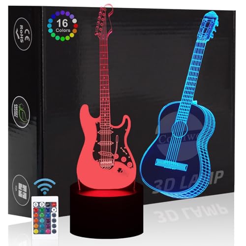 Comiwe Gitarre (D) 3D Illusion Nachtlicht Spielzeug,Dekoration LED Nachttischlampe 16 Farben Ändern mit Fernbedienung,Weihnachten Deko Lampe Geburtstagsgeschenk Für Mädchen Jungen Kinder und Freunde von Comiwe