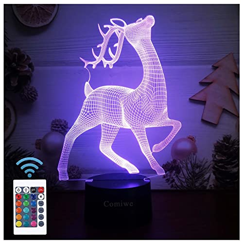 Comiwe Hirsch (D) 3D Illusion Nachtlicht Spielzeug,Dekoration LED Nachttischlampe 16 Farben Ändern mit Fernbedienung,Weihnachten Deko Lampe Geburtstagsgeschenk Für Mädchen Jungen Kinder und Freunde von Comiwe