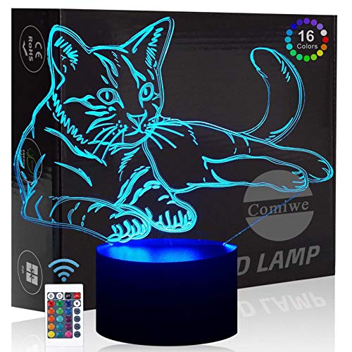 Comiwe Katze 3D Illusion Nachtlicht Spielzeug,Dekoration LED Nachttischlampe 16 Farben Ändern mit Fernbedienung,Weihnachten Deko Lampe Geburtstagsgeschenk Für Mädchen Jungen Kinder und Freunde von Comiwe