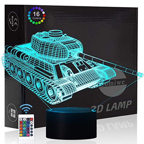 Comiwe Panzer 3D Illusion Nachtlicht Spielzeug,Dekoration LED Nachttischlampe 16 Farben Ändern mit Fernbedienung,Weihnachten Deko Lampe Geburtstagsgeschenk Für Mädchen Jungen Kinder und Freunde von Comiwe
