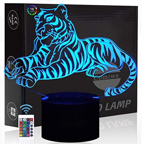 Comiwe Tiger 3D Illusion Nachtlicht Spielzeug,Dekoration LED Nachttischlampe 16 Farben Ändern mit Fernbedienung,Weihnachten Deko Lampe Geburtstagsgeschenk Für Mädchen Jungen Kinder und Freunde von Comiwe