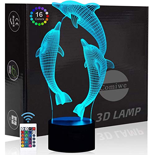 Comiwe Delfin 3D Illusion Nachtlicht Spielzeug,Haus Dekor LED Bettseite Tischlampe 16 Farben Ändern und Fernbedienung,Weihnachten Geburtstag Geschenk für Mädchen Junge Kinder Freunde und Familie von Comiwe