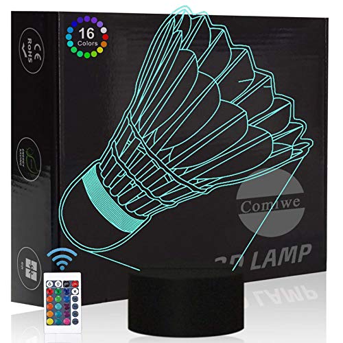 Comiwe Federbälle Badminton 3D Illusion Nachtlicht Spielzeug,Dekoration LED Nachttischlampe 16 Farben Ändern mit Fernbedienung,Weihnachten Deko Geburtstagsgeschenk Für Mädchen Jungen Kinder Freunde von Comiwe