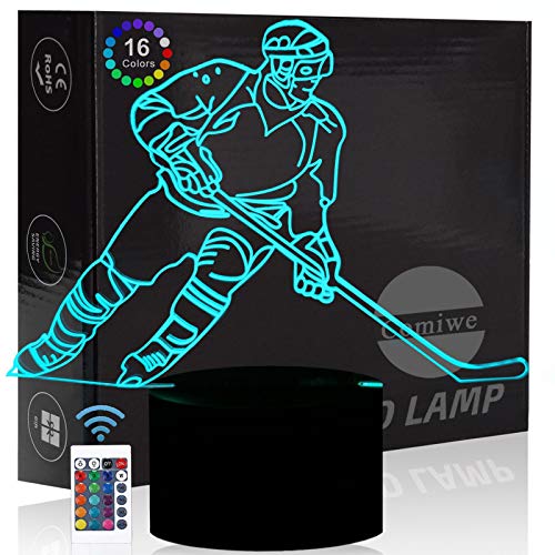 Comiwe Eishockey 3D Illusion Nachtlicht Spielzeug,Haus Dekor LED Bettseite Tischlampe 16 Farben Ändern Fernbedienung,Weihnachten Geburtstag Geschenk für Junge Kinder Freunde Familie Eishockeysportler von Comiwe