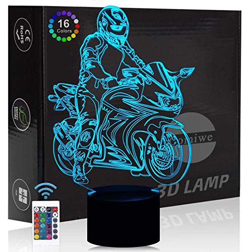 Comiwe Motorrad 3D Illusion Nachtlicht Spielzeug,Dekoration LED Nachttischlampe 16 Farben Ändern mit Fernbedienung,Weihnachten Deko Lampe Geburtstagsgeschenk Für Jungen Kinder Männer Freund von Comiwe