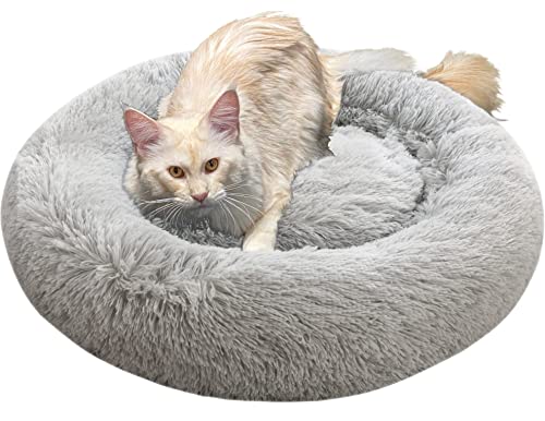 Comlax Beruhigende Donut Hundebetten Mittel, Rundes Kissen mit abnehmbarem waschbarem Bezug, Anti-Angst-Kunstfell-Kuscheltier, Flauschiges, bequemes, pelziges Haustierbett (60cm, Silber) von Comlax