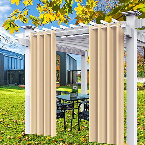 Comlax Outdoor Vorhänge Wetterfest mit Ösen, 132x215cm Beige Blickdicht Wasserdicht Outdoor Gardine Balkon Pavillon Schutz Für Veranda, Pergola, 1 Stück von Comlax