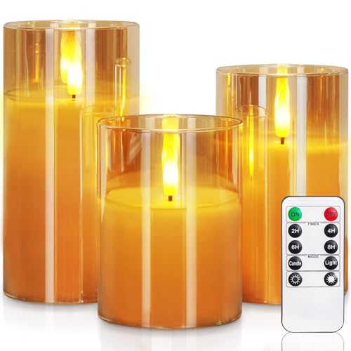 CommSin Simulierte flammenlose Kerzen, 3er-Pack mit Fernbedienungs-Timer – batteriebetriebenes LED-Kerzenset aus Glas, geeignet für Hochzeiten, Partys, Heim- und Hoteldekorationen (Gold) von CommSin