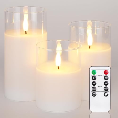 CommSin Simulierte flammenlose Kerzen, 3er-Pack mit Fernbedienungs-Timer – batteriebetriebenes LED-Kerzenset aus Glas, geeignet für Hochzeiten, Partys, Heim- und Hoteldekorationen (NeiB) von CommSin