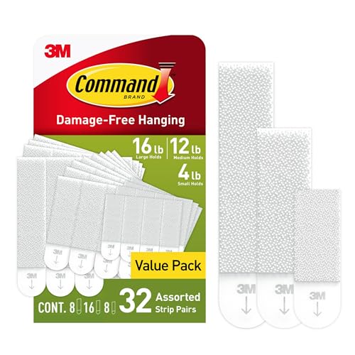 Command, PH203-18NA, Bilderaufhängungsstreifen, 10 kleine Paare und 8 mittelgroße Paare, in leicht zu öffnender Verpackung Weiß Small, Medium & Large weiß von Command