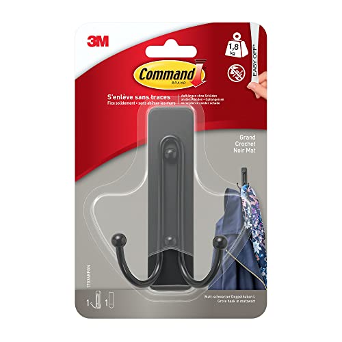 Command Doppelhaken selbstklebend, Matt, Schwarz, 1 Metallhaken und 2 Klebestreifen - Zum Aufhängen von Taschen, Kleidung - Haken für Wand, Türhaken, Organisieren ohne Bohren, Hält 1,8kg von Command