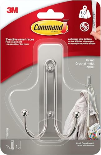 Command Doppelhaken selbstklebend in Gebürstetem Nickel, 1 Metallhaken und 1 Klebestreife - Zum Aufhängen von Taschen, Kleidung - Haken für Wand, Türhaken, Organisieren ohne Bohren, Hält 1,8kg von Command