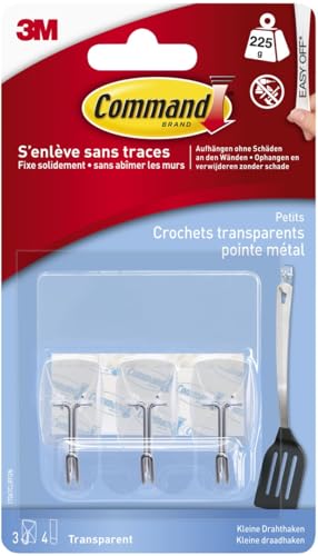 Command Mini-Kunststoffhaken, Transparent - 3 Haken und 4 kleine Strips (S) - Organisieren ohne Löcher und Bohren von Command