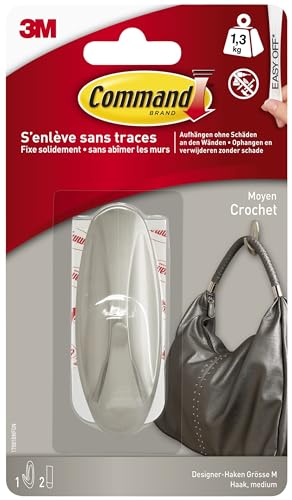 Command Designer-Haken, selbstklebend, gebürstetes Nickel - 1 Haken und 2 mittelgroße Klebestreifen - ideal zum Aufhängen von Taschen und Kleidung – für Wand oder Tür, ohne Bohren, hält bis zu 1,3 kg von Command