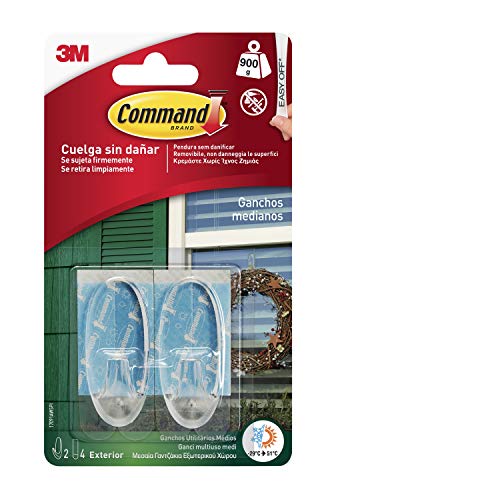 Command 17091AW 2 Stück Haken für den Außenbereich, oval, mittlere Größe, mit Streifen, transparent, durchsichtig, 2 Ganchos von Command