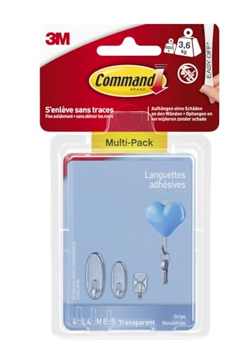 Command Klebestreifen, Transparent - Multipack - 4 Große (L), 4 Mittelgröße (M) und 8 Kleine (S) Strips/ Ersatzstreifen - Dekorieren ohne Löcher und Bohren von Command