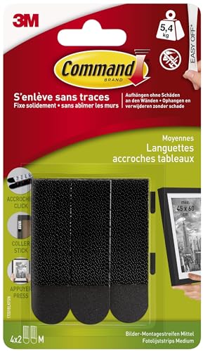 Command Klebestreifen, Schwarz, 4 Sets mit mittelgroßen Strips (M) - Bilder aufhängen ohne Bohren, Streifen halten bis zu 5,4 kg, rückstandsfreies Ablösen von Command