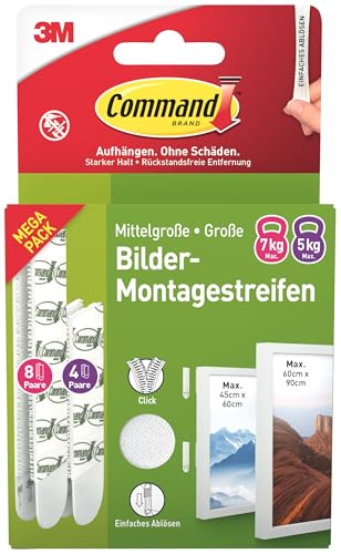 Command Klebestreifen, Vorteilspack 8 × 2 Größe und 4 × 2 Mittel (24 Strips), Weiß – Bilder Aufhängen ohne Bohren, Rückstandsfreies Ablösen von Command
